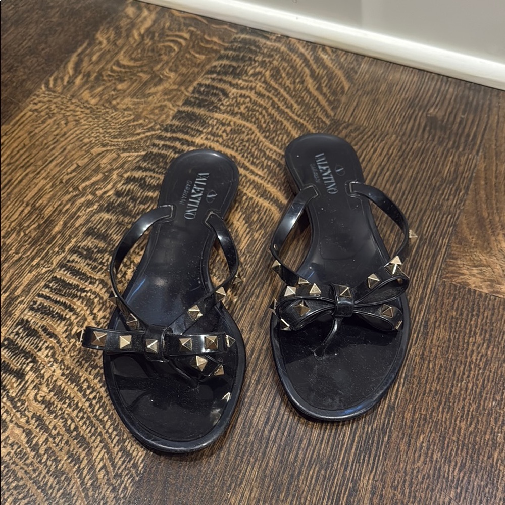 Valentino Garavani Black Studded Sandals with Shiny Straps